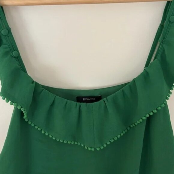 RW&CO Forest Green Summer Dress with Ruffled Neckline, Pompom Trim - Picture 3 of 4